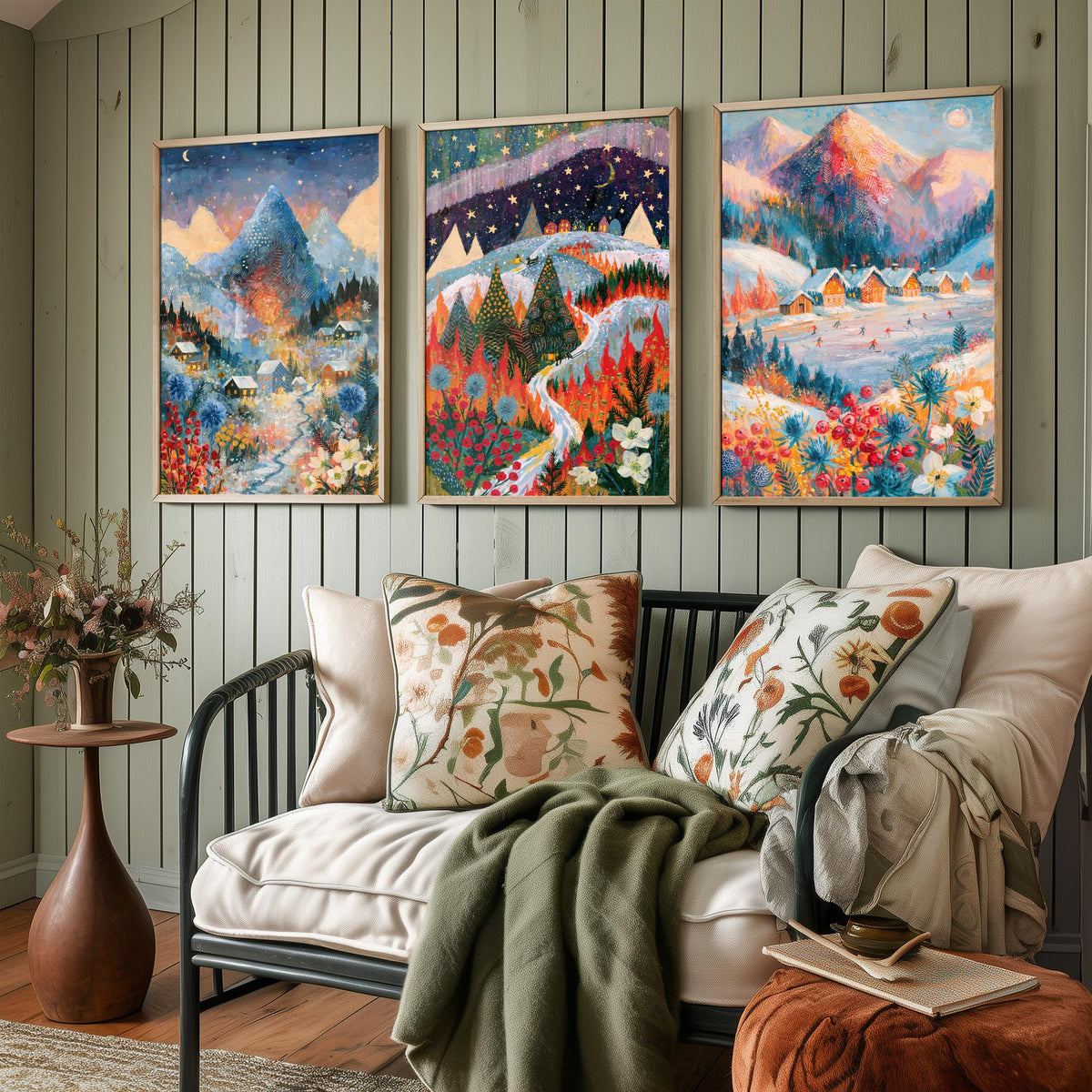 Swiss Alps and Lapland Winter Set of Three Art Prints - Zermatt, Northern Lights, Grindelwald - Snowy Chalet Paintings - Alpine Posters