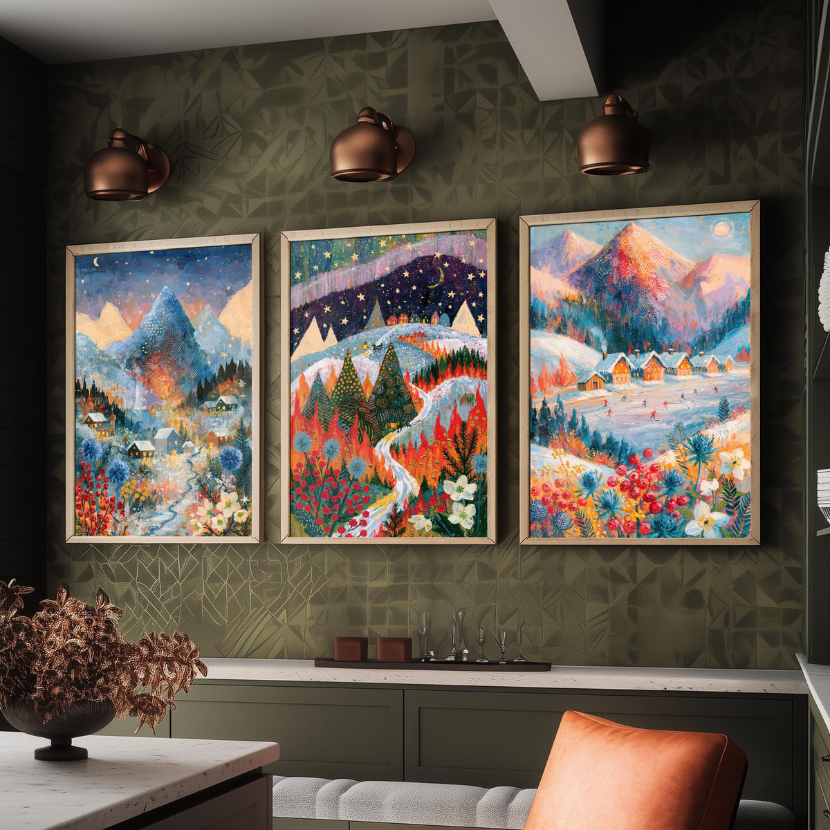 Swiss Alps and Lapland Winter Set of Three Art Prints - Zermatt, Northern Lights, Grindelwald - Snowy Chalet Paintings - Alpine Posters