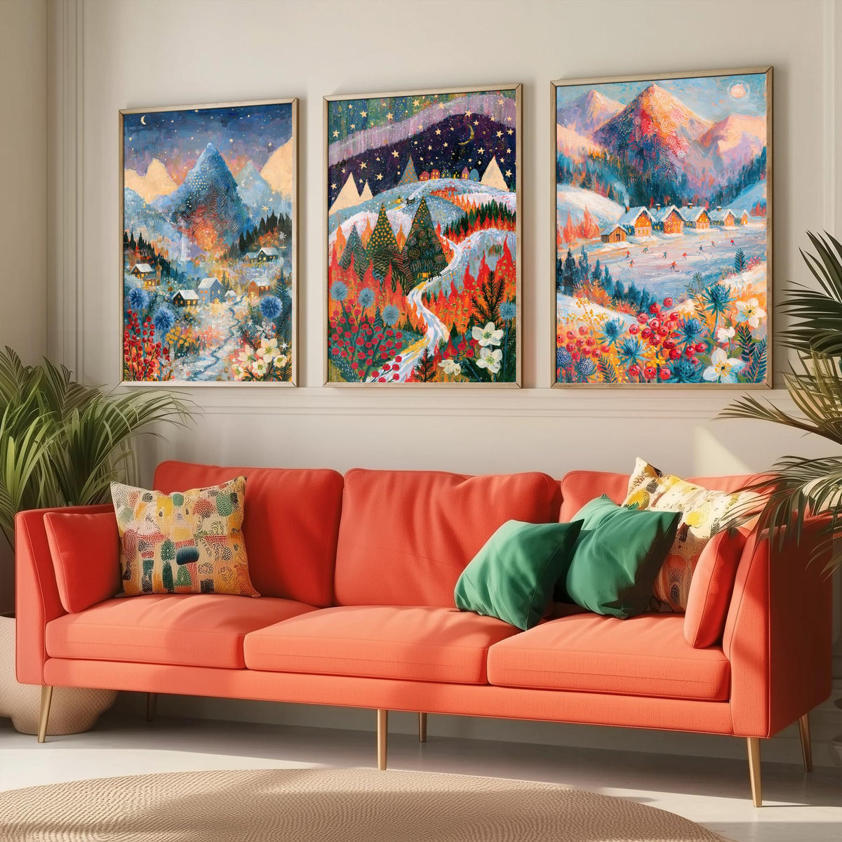 Swiss Alps and Lapland Winter Set of Three Art Prints - Zermatt, Northern Lights, Grindelwald - Snowy Chalet Paintings - Alpine Posters