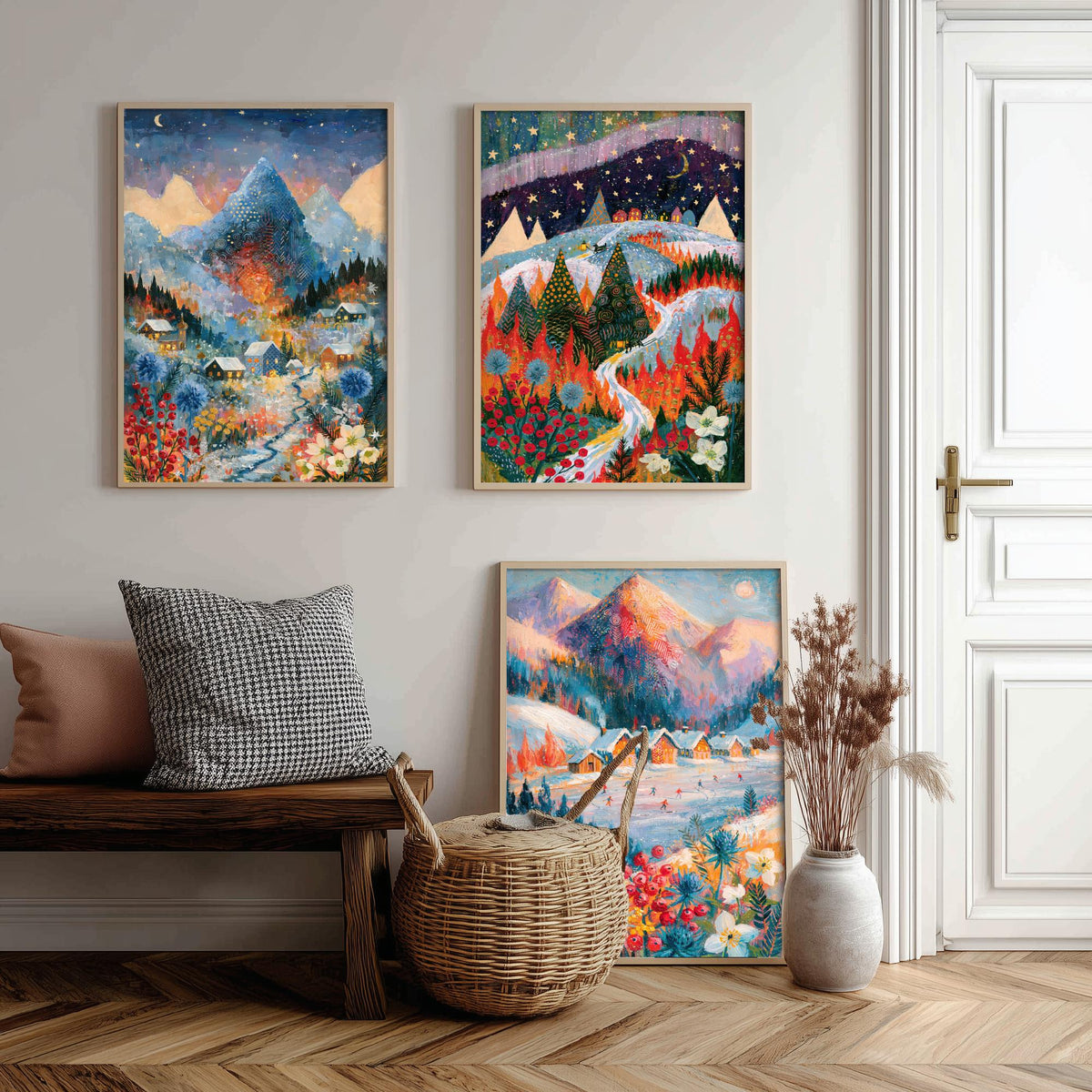 Swiss Alps and Lapland Winter Set of Three Art Prints - Zermatt, Northern Lights, Grindelwald - Snowy Chalet Paintings - Alpine Posters