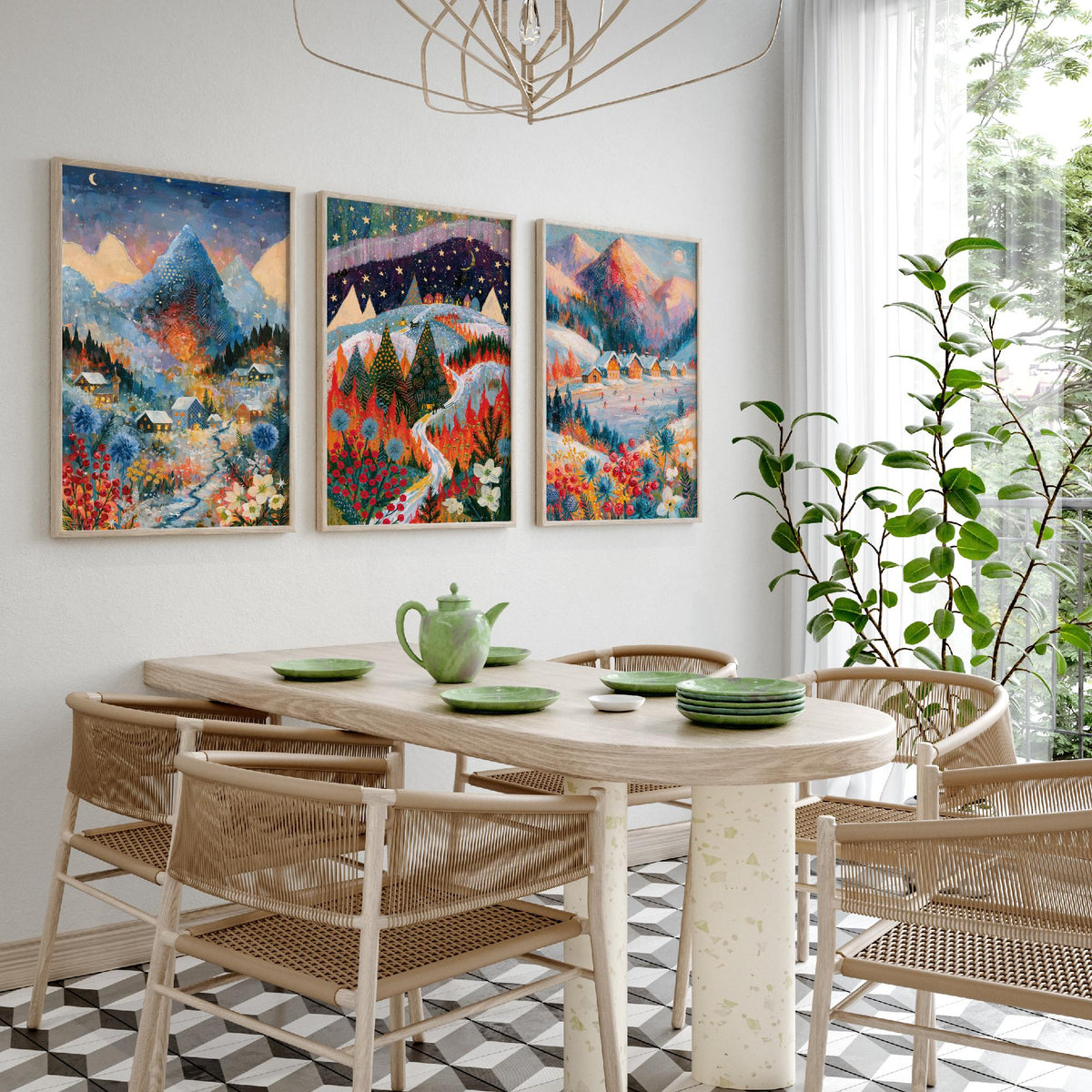 Swiss Alps and Lapland Winter Set of Three Art Prints - Zermatt, Northern Lights, Grindelwald - Snowy Chalet Paintings - Alpine Posters