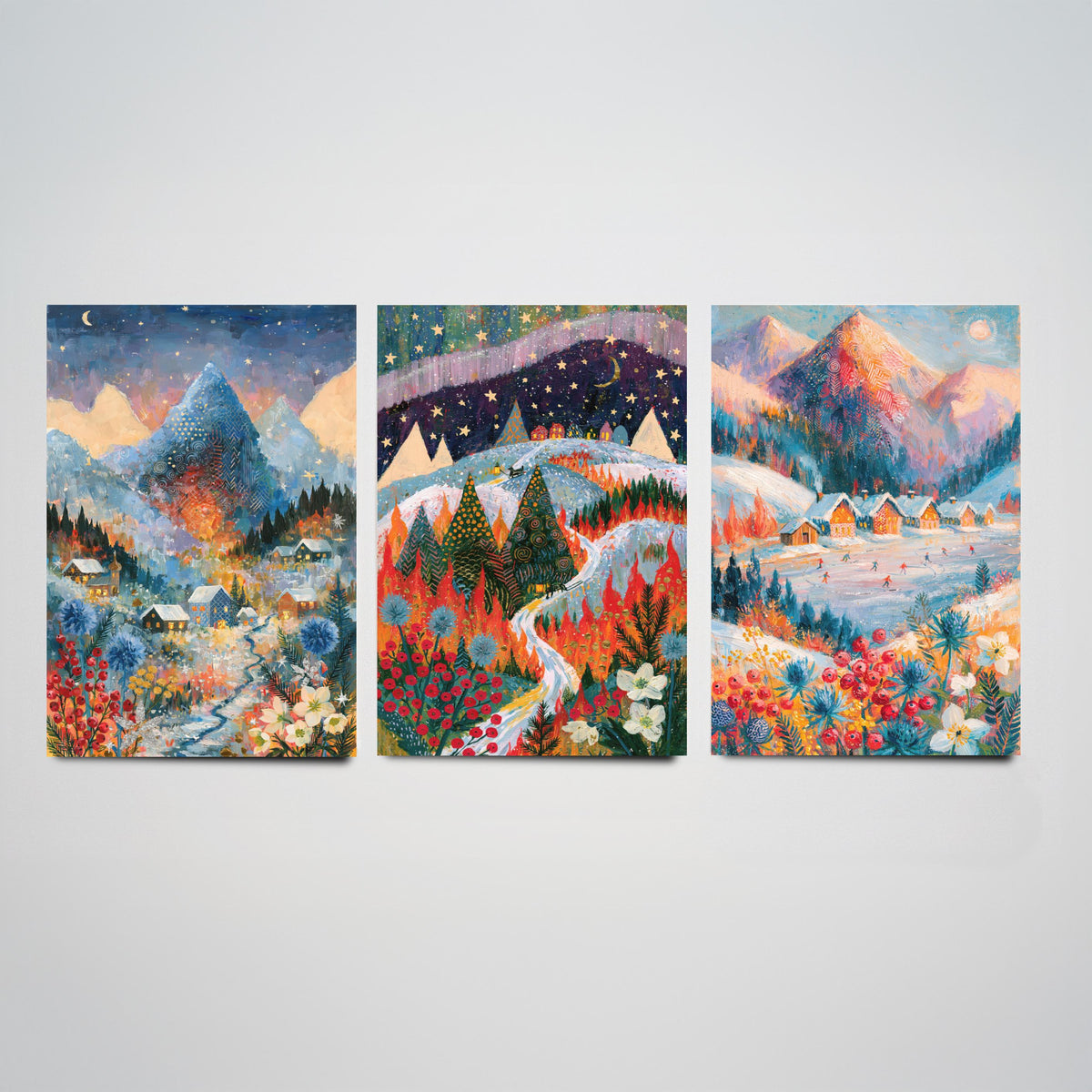 Swiss Alps and Lapland Winter Set of Three Art Prints - Zermatt, Northern Lights, Grindelwald - Snowy Chalet Paintings - Alpine Posters