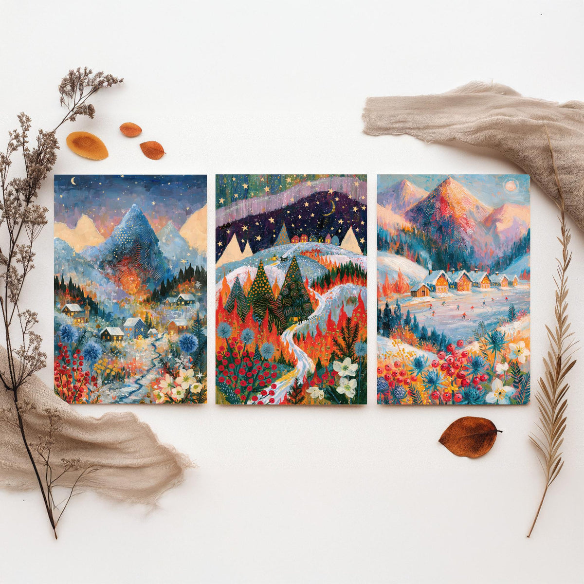 Swiss Alps and Lapland Winter Set of Three Art Prints - Zermatt, Northern Lights, Grindelwald - Snowy Chalet Paintings - Alpine Posters