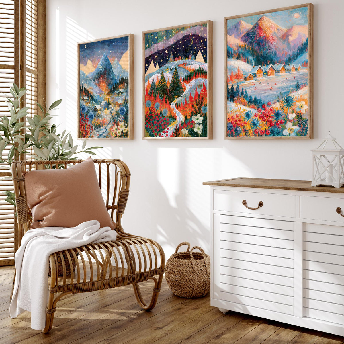 Swiss Alps and Lapland Winter Set of Three Art Prints - Zermatt, Northern Lights, Grindelwald - Snowy Chalet Paintings - Alpine Posters
