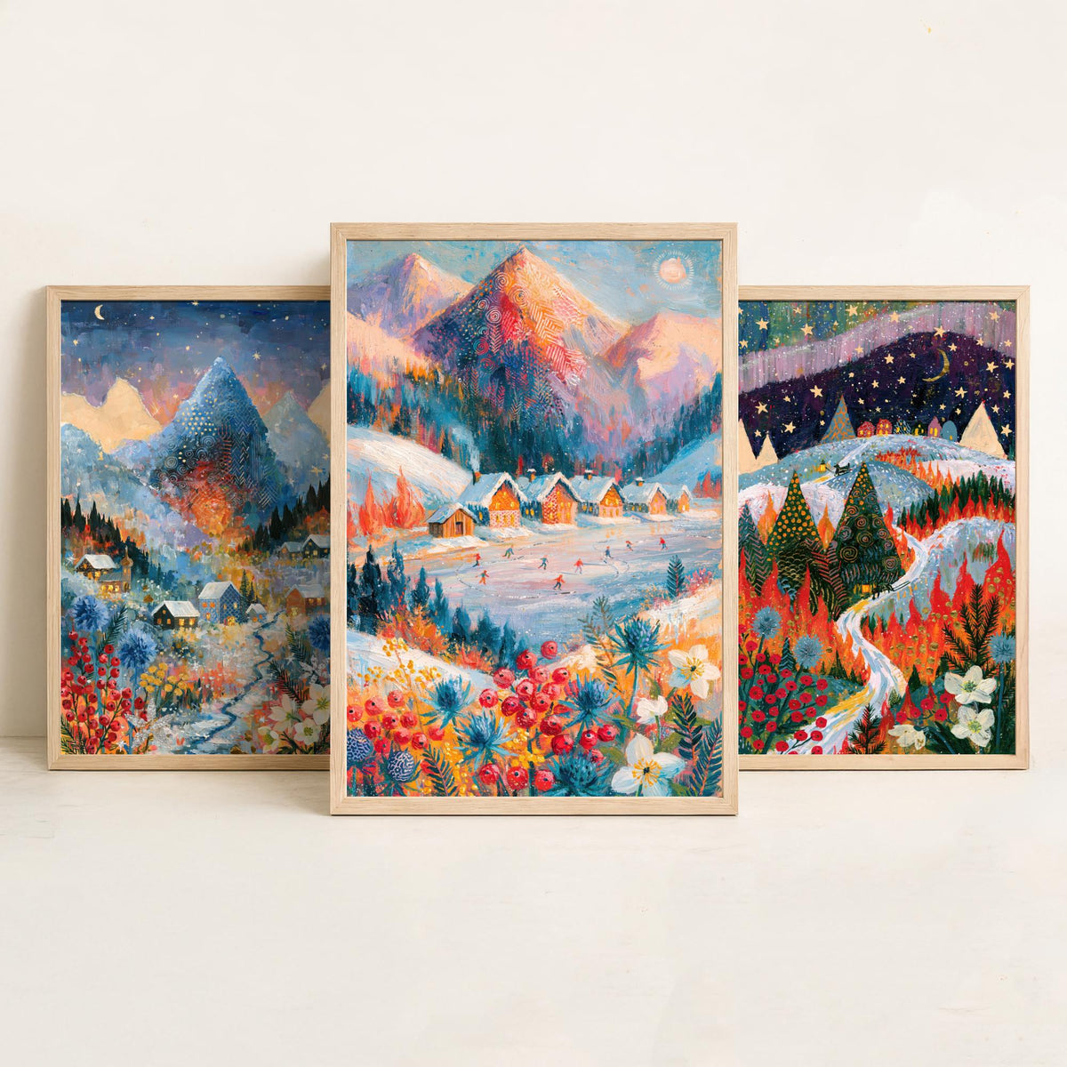Swiss Alps and Lapland Winter Set of Three Art Prints - Zermatt, Northern Lights, Grindelwald - Snowy Chalet Paintings - Alpine Posters