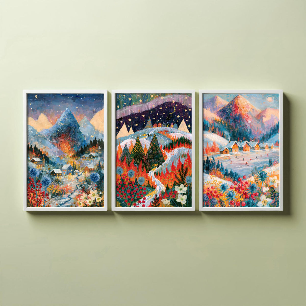 Swiss Alps and Lapland Winter Set of Three Art Prints - Zermatt, Northern Lights, Grindelwald - Snowy Chalet Paintings - Alpine Posters