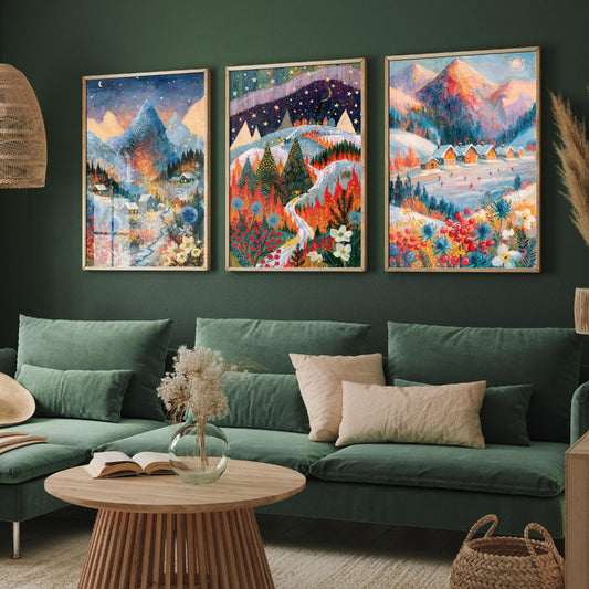 Swiss Alps and Lapland Winter Set of Three Art Prints - Zermatt, Northern Lights, Grindelwald - Snowy Chalet Paintings - Alpine Posters