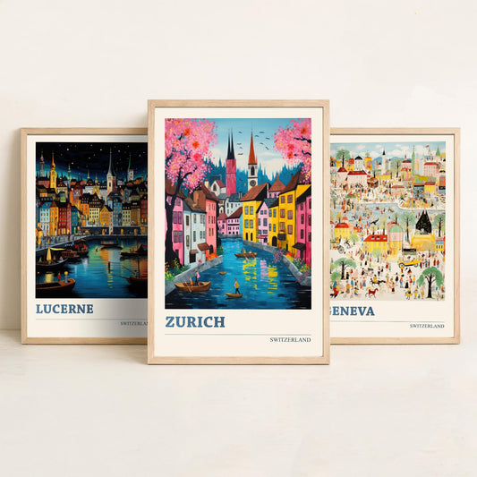 Switzerland Set of Three Travel Posters - Lucerne, Geneva, Zurich - Ludwig Folk Art Prints - Naive Painting