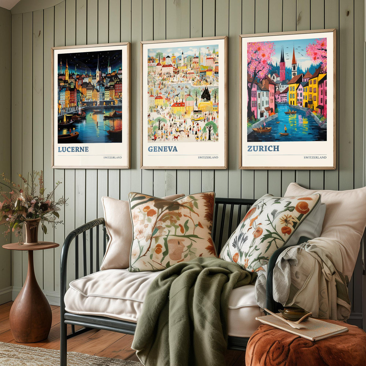 Switzerland Set of Three Travel Posters - Lucerne, Geneva, Zurich - Ludwig Folk Art Prints - Naive Painting