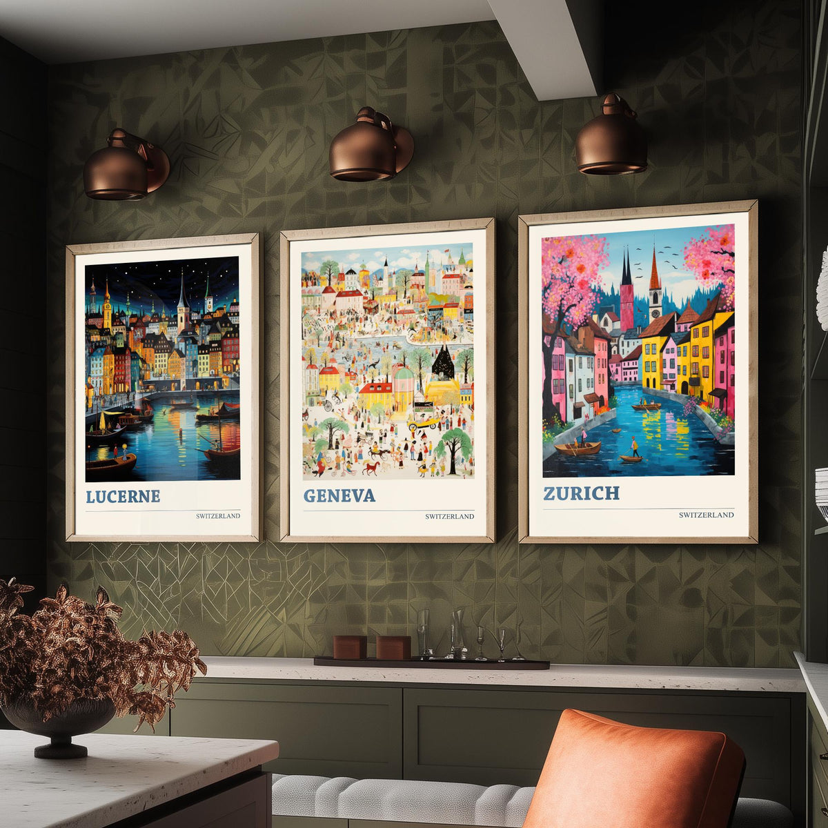 Switzerland Set of Three Travel Posters - Lucerne, Geneva, Zurich - Ludwig Folk Art Prints - Naive Painting