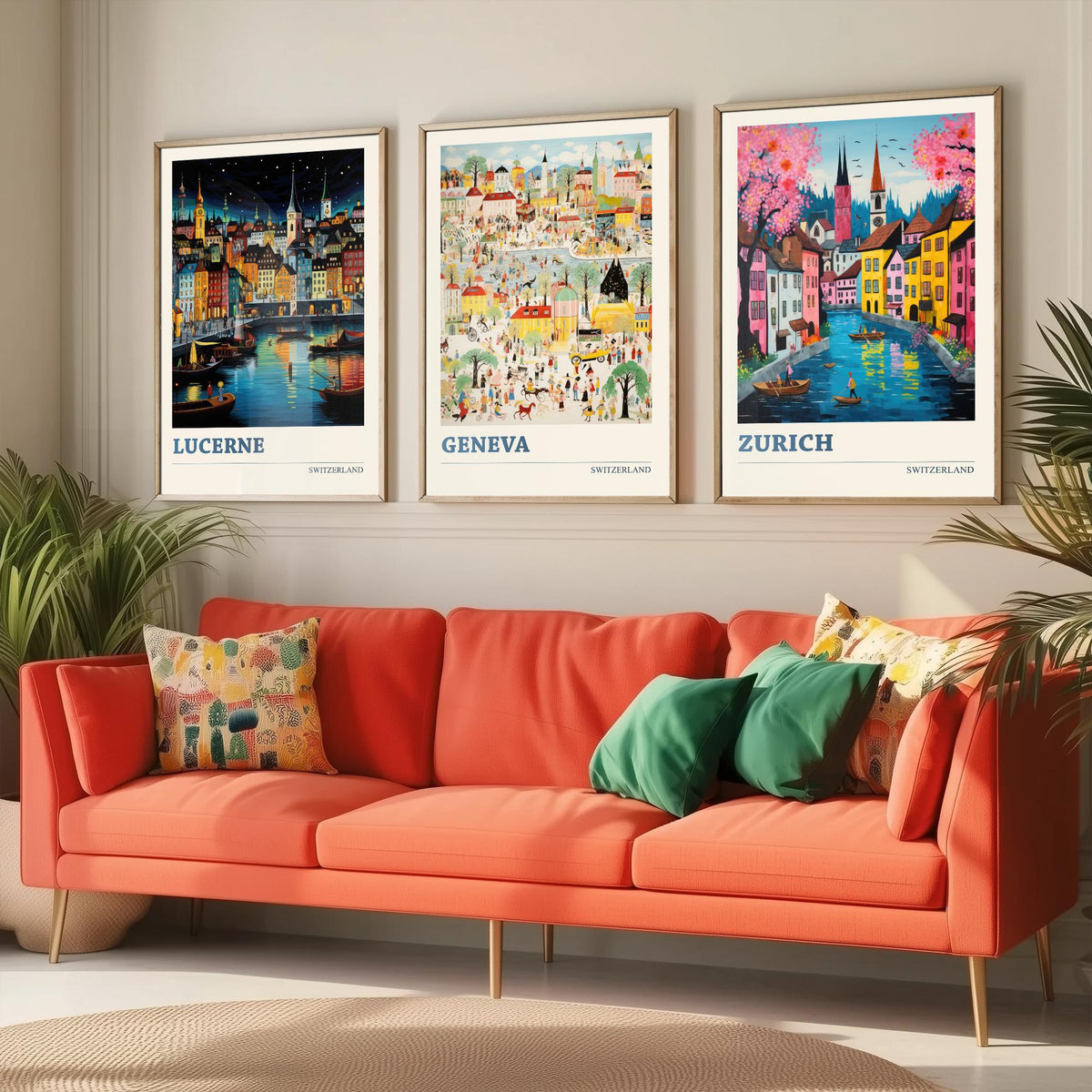 Switzerland Set of Three Travel Posters - Lucerne, Geneva, Zurich - Ludwig Folk Art Prints - Naive Painting