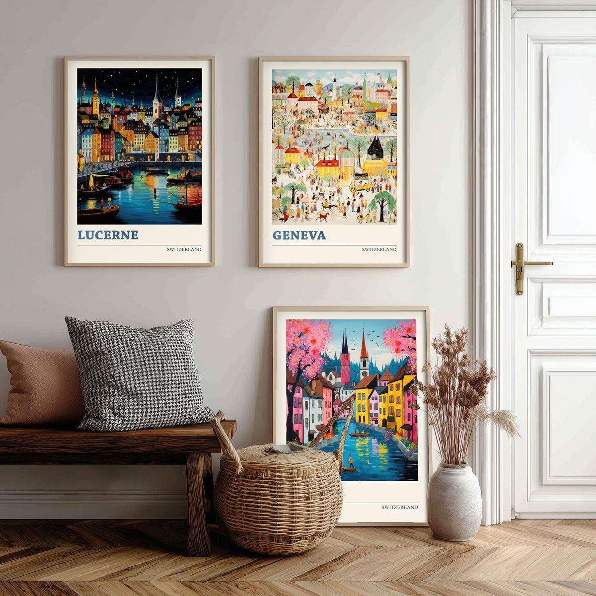 Switzerland Set of Three Travel Posters - Lucerne, Geneva, Zurich - Ludwig Folk Art Prints - Naive Painting