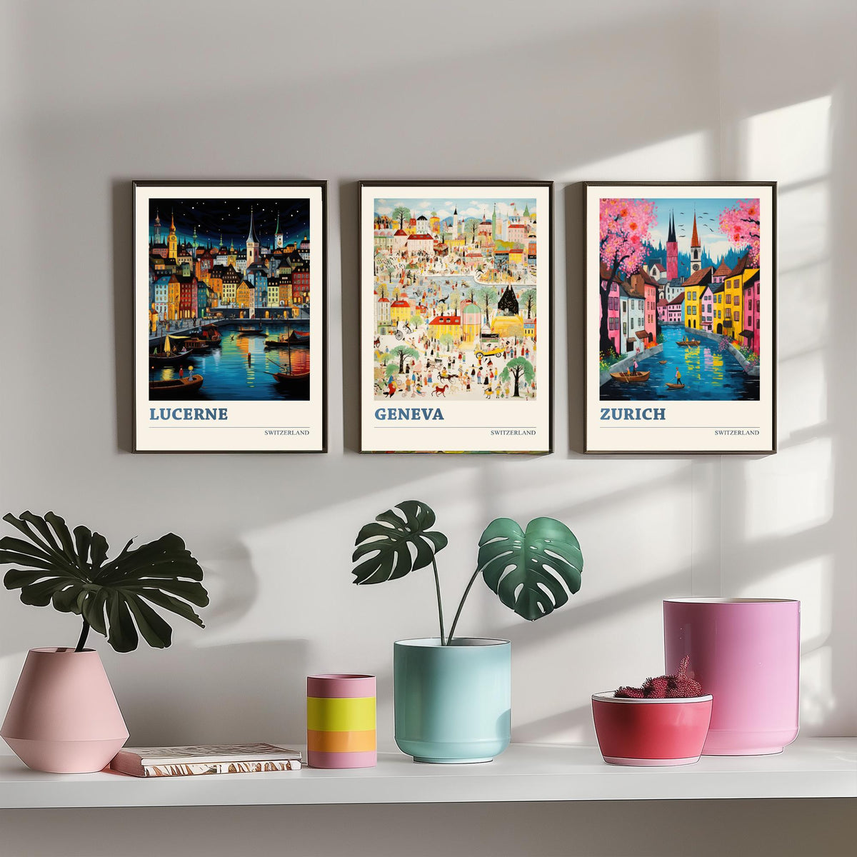 Switzerland Set of Three Travel Posters - Lucerne, Geneva, Zurich - Ludwig Folk Art Prints - Naive Painting