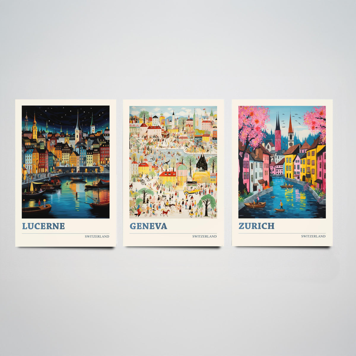 Switzerland Set of Three Travel Posters - Lucerne, Geneva, Zurich - Ludwig Folk Art Prints - Naive Painting