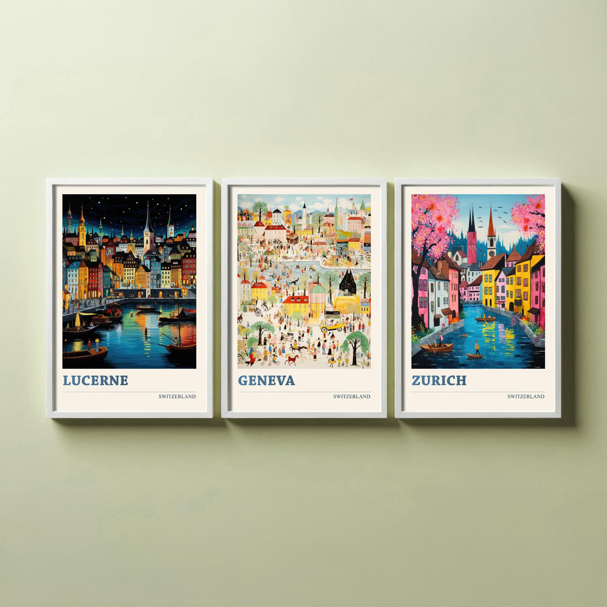 Switzerland Set of Three Travel Posters - Lucerne, Geneva, Zurich - Ludwig Folk Art Prints - Naive Painting