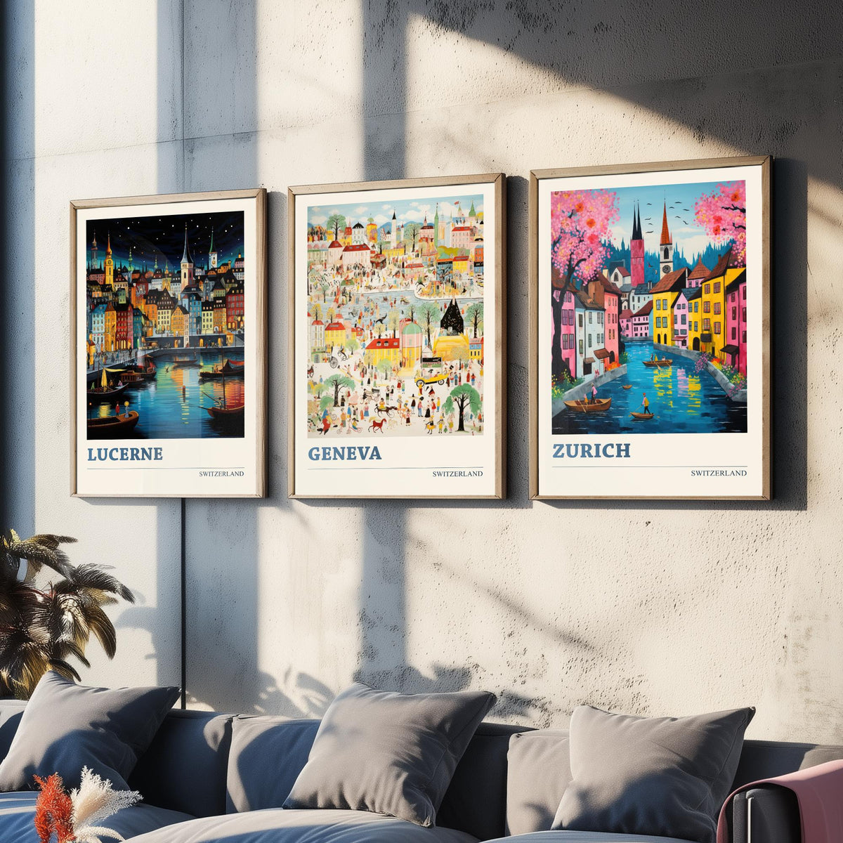 Switzerland Set of Three Travel Posters - Lucerne, Geneva, Zurich - Ludwig Folk Art Prints - Naive Painting