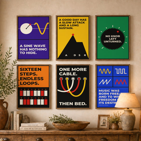 Set of Six Synth Quote Art Prints - 6 Bauhaus Modular Synthesizer Posters - Minimalist Music Illustration - Sine Wave, Patch Cables