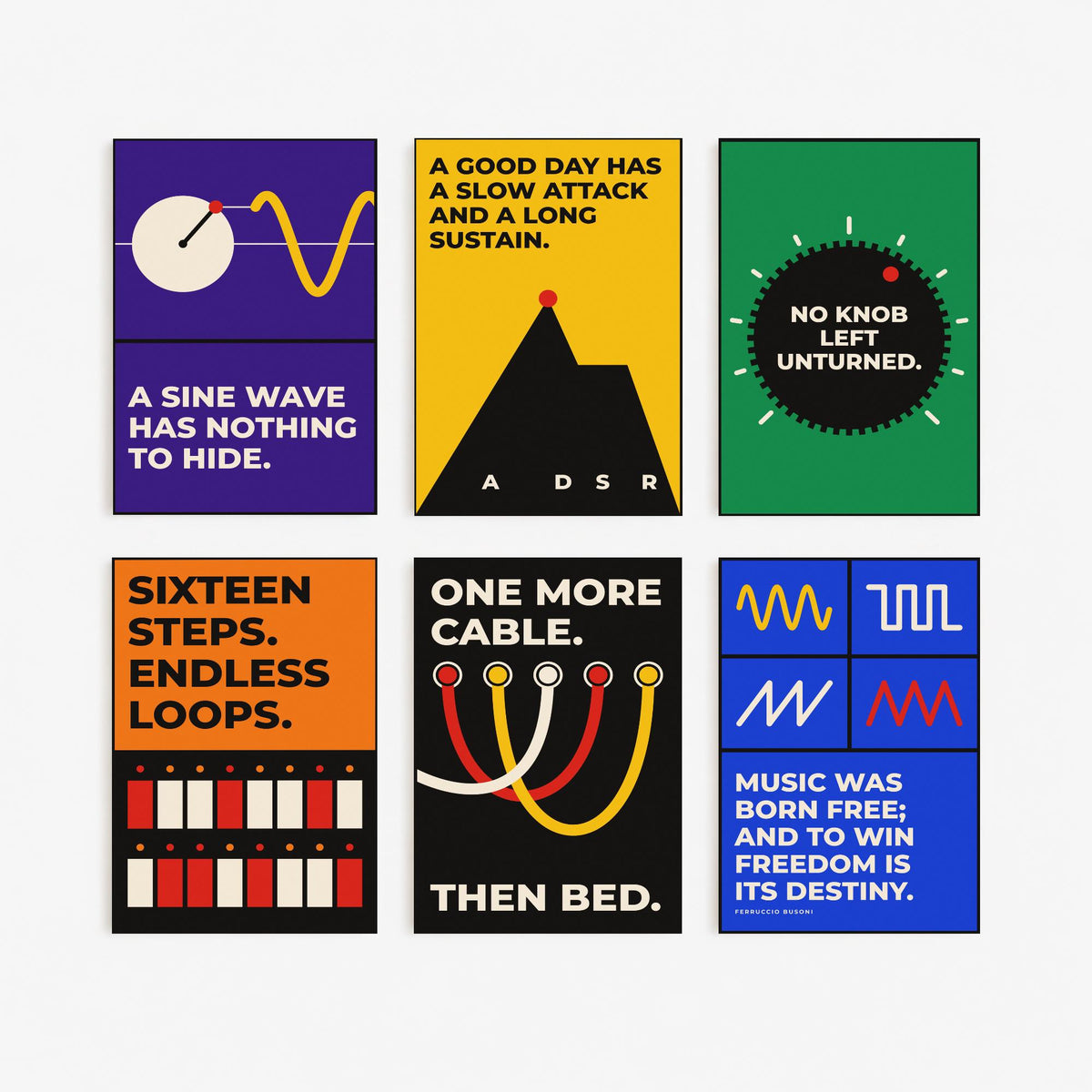 Set of Six Synth Quote Art Prints - 6 Bauhaus Modular Synthesizer Posters - Minimalist Music Illustration - Sine Wave, Patch Cables