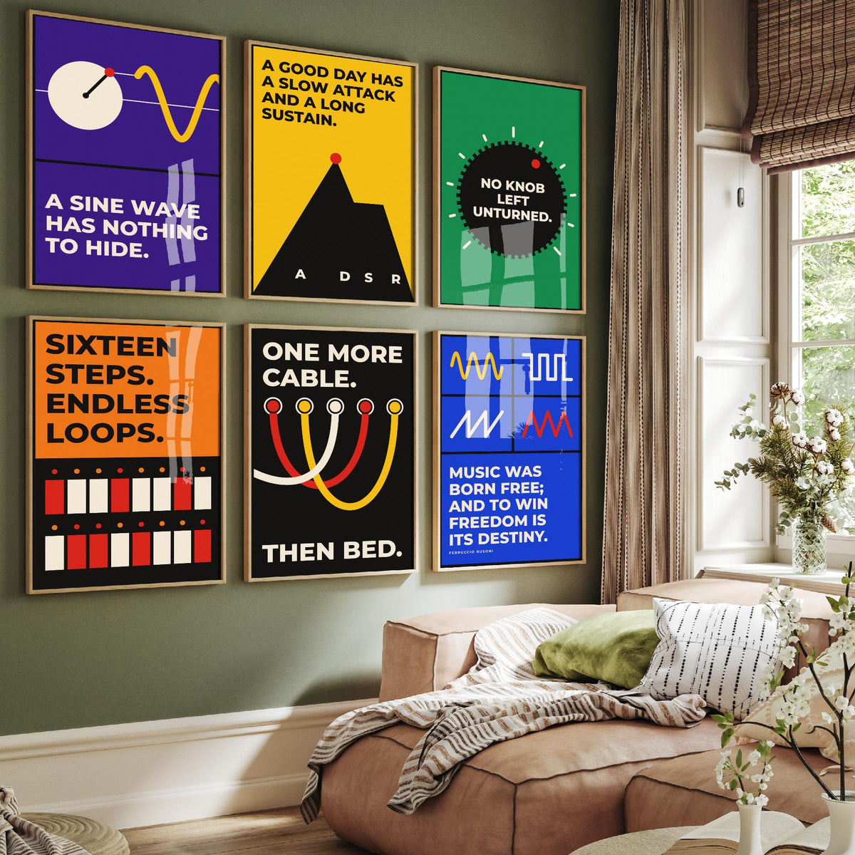 Set of Six Synth Quote Art Prints - 6 Bauhaus Modular Synthesizer Posters - Minimalist Music Illustration - Sine Wave, Patch Cables