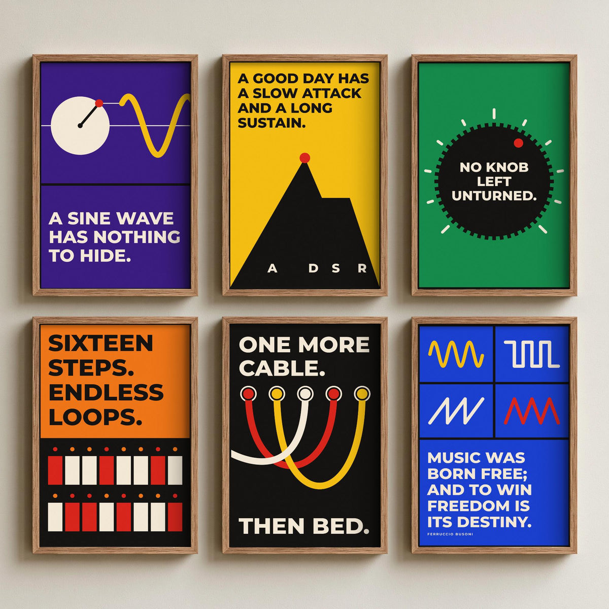 Set of Six Synth Quote Art Prints - 6 Bauhaus Modular Synthesizer Posters - Minimalist Music Illustration - Sine Wave, Patch Cables