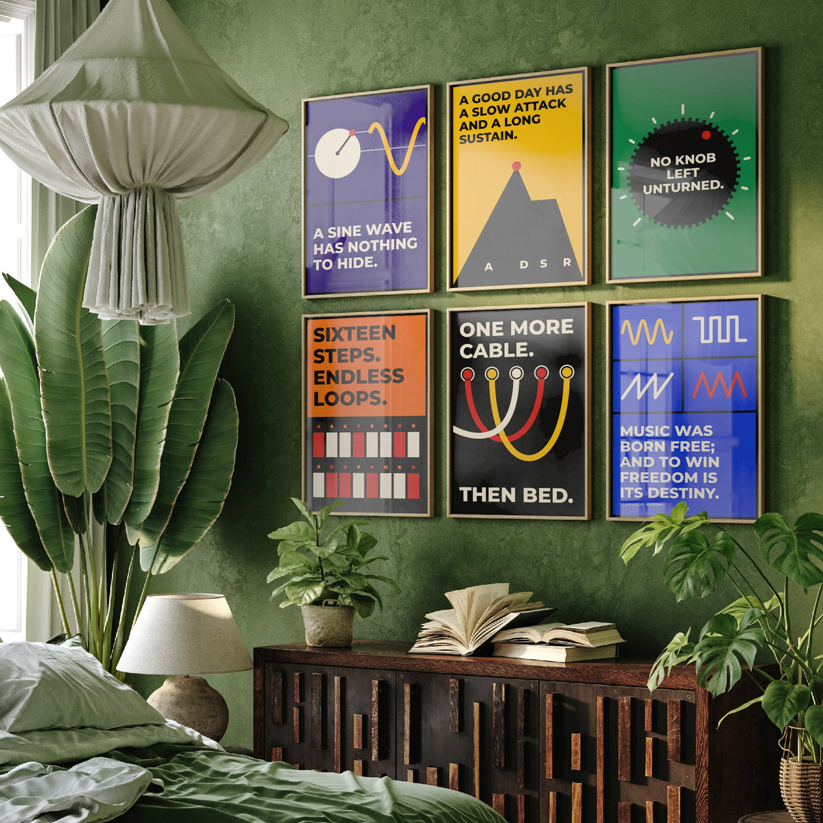 Set of Six Synth Quote Art Prints - 6 Bauhaus Modular Synthesizer Posters - Minimalist Music Illustration - Sine Wave, Patch Cables