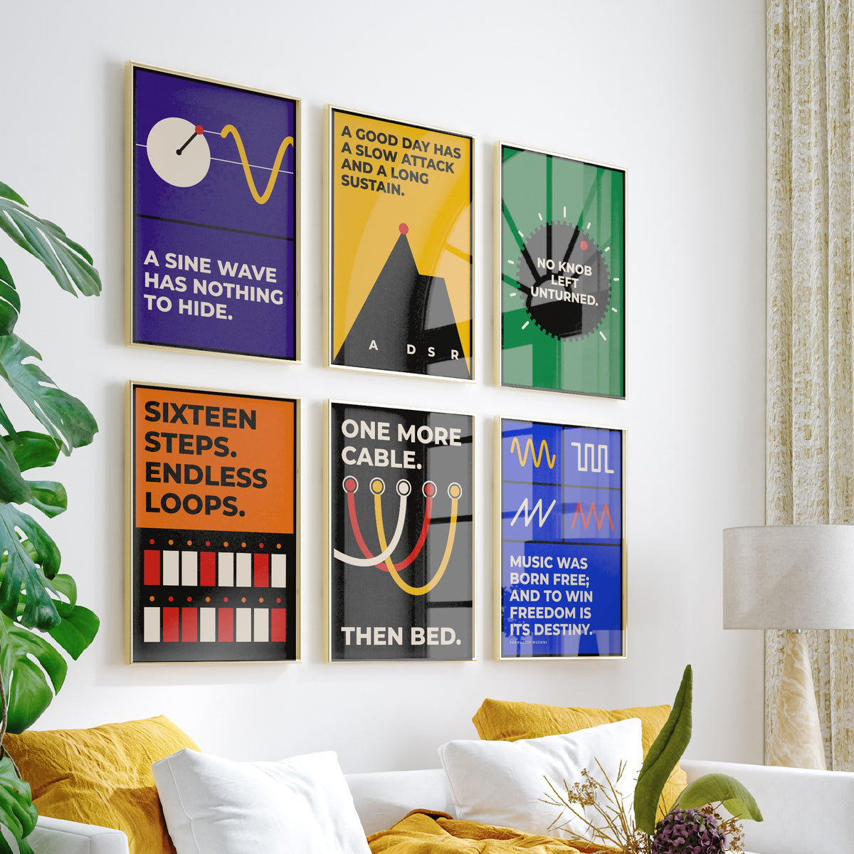 Set of Six Synth Quote Art Prints - 6 Bauhaus Modular Synthesizer Posters - Minimalist Music Illustration - Sine Wave, Patch Cables