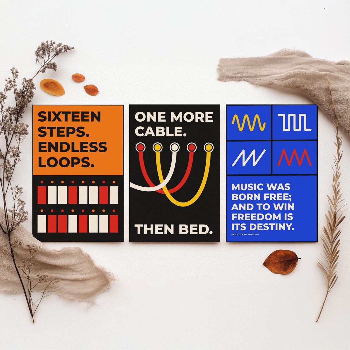 Synth Quotes Set of Three Art Prints - 3 Retro Bauhaus Modular Synthesizer Posters - Minimalist Music Wall Art Illustration V2