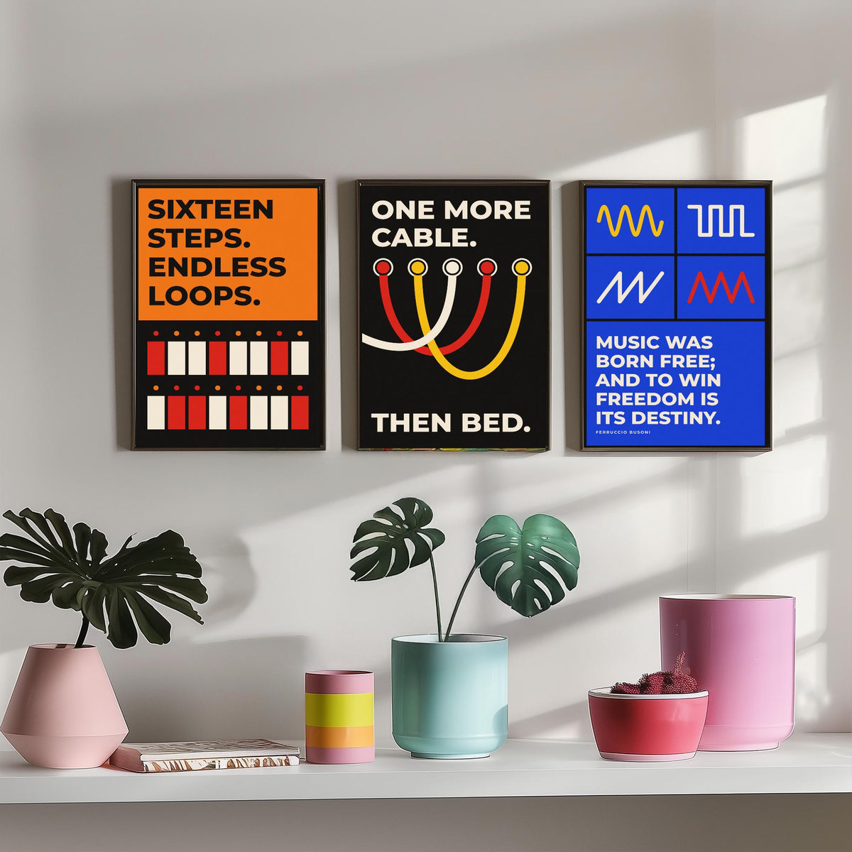 Synth Quotes Set of Three Art Prints - 3 Retro Bauhaus Modular Synthesizer Posters - Minimalist Music Wall Art Illustration V2