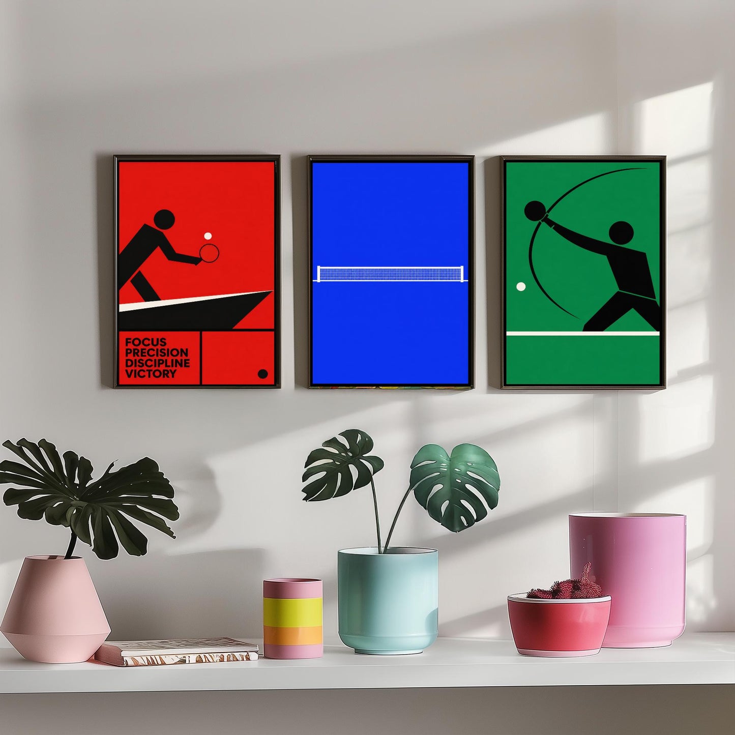 Table Tennis Set of Three Art Prints - 3 Bauhaus Ping Pong Posters - Minimalist Sport Wall Art Illustration Gift V1