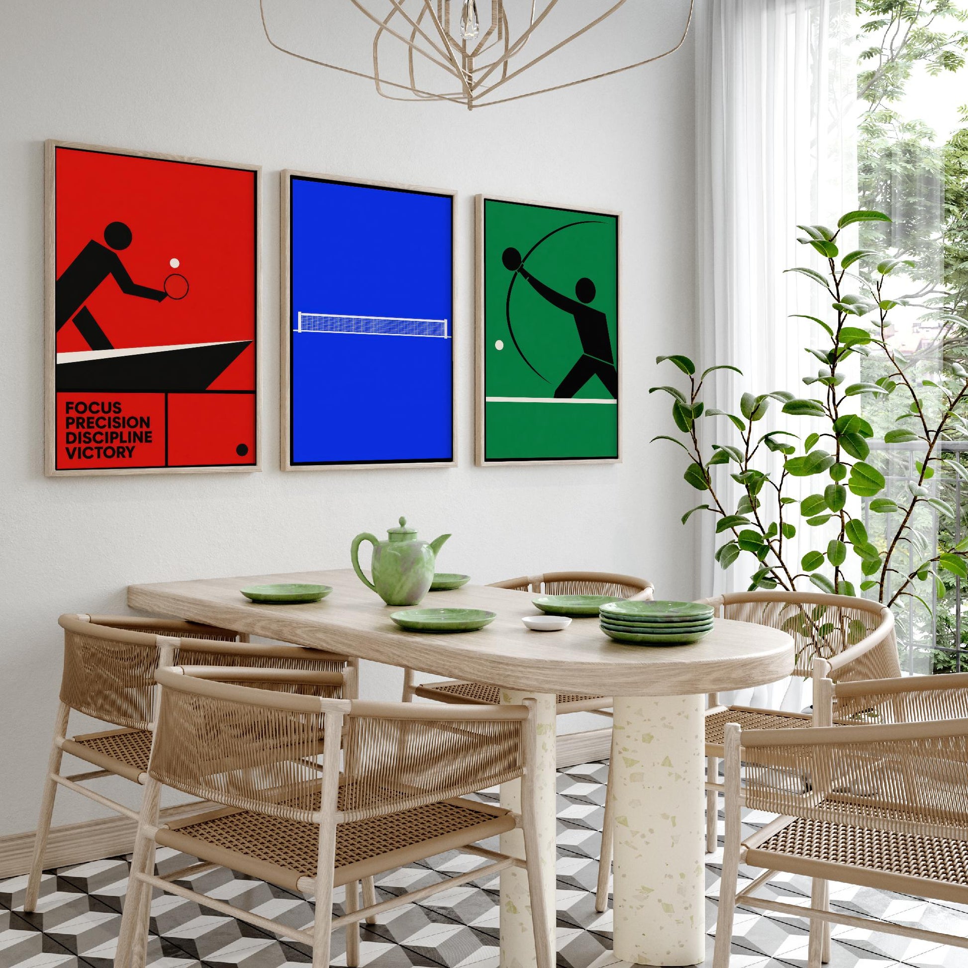 Table Tennis Set of Three Art Prints - 3 Bauhaus Ping Pong Posters - Minimalist Sport Wall Art Illustration Gift V1