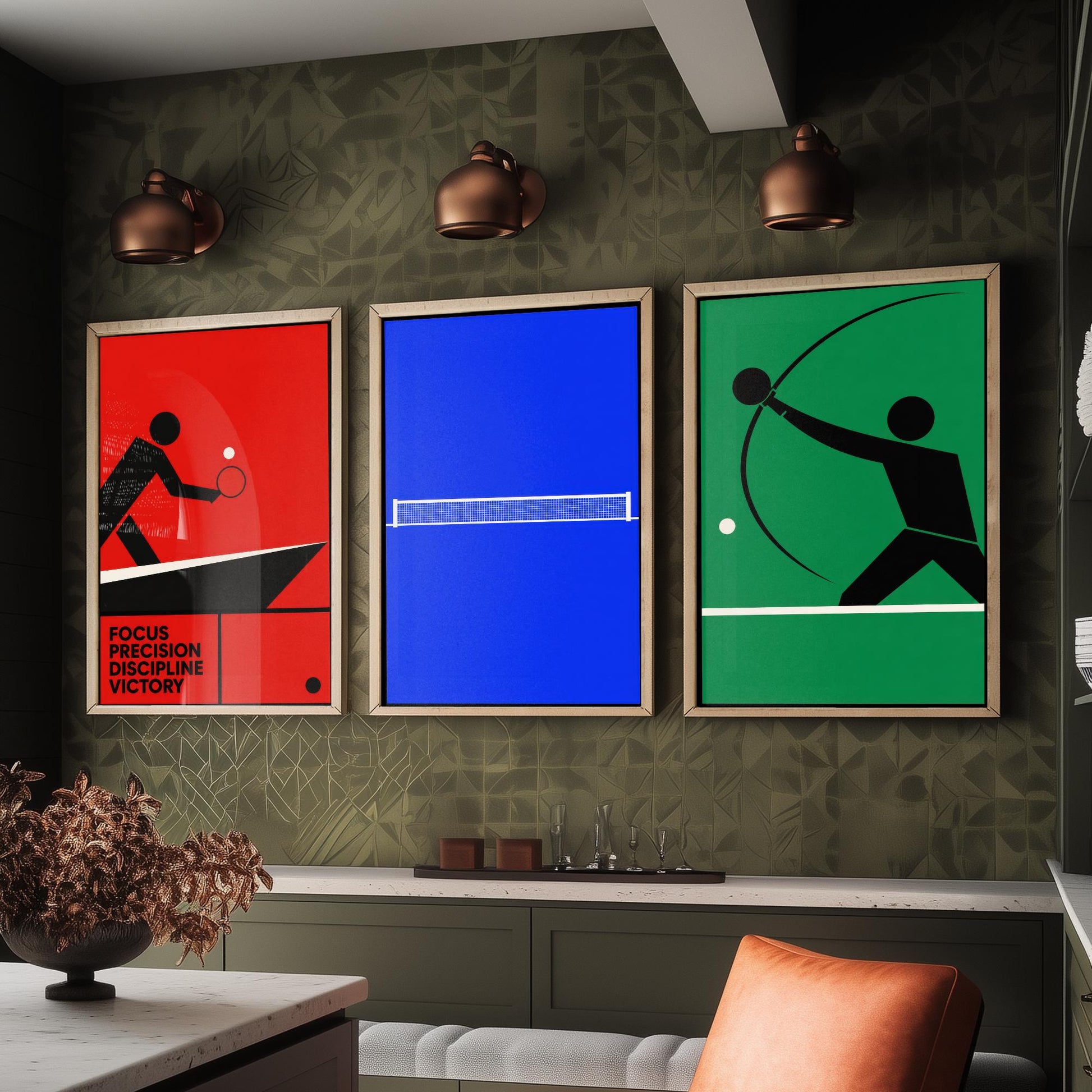 Table Tennis Set of Three Art Prints - 3 Bauhaus Ping Pong Posters - Minimalist Sport Wall Art Illustration Gift V1