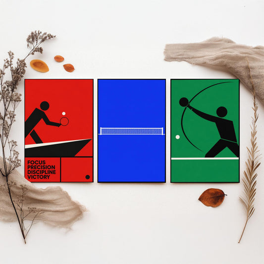 Table Tennis Set of Three Art Prints - 3 Bauhaus Ping Pong Posters - Minimalist Sport Wall Art Illustration Gift V1