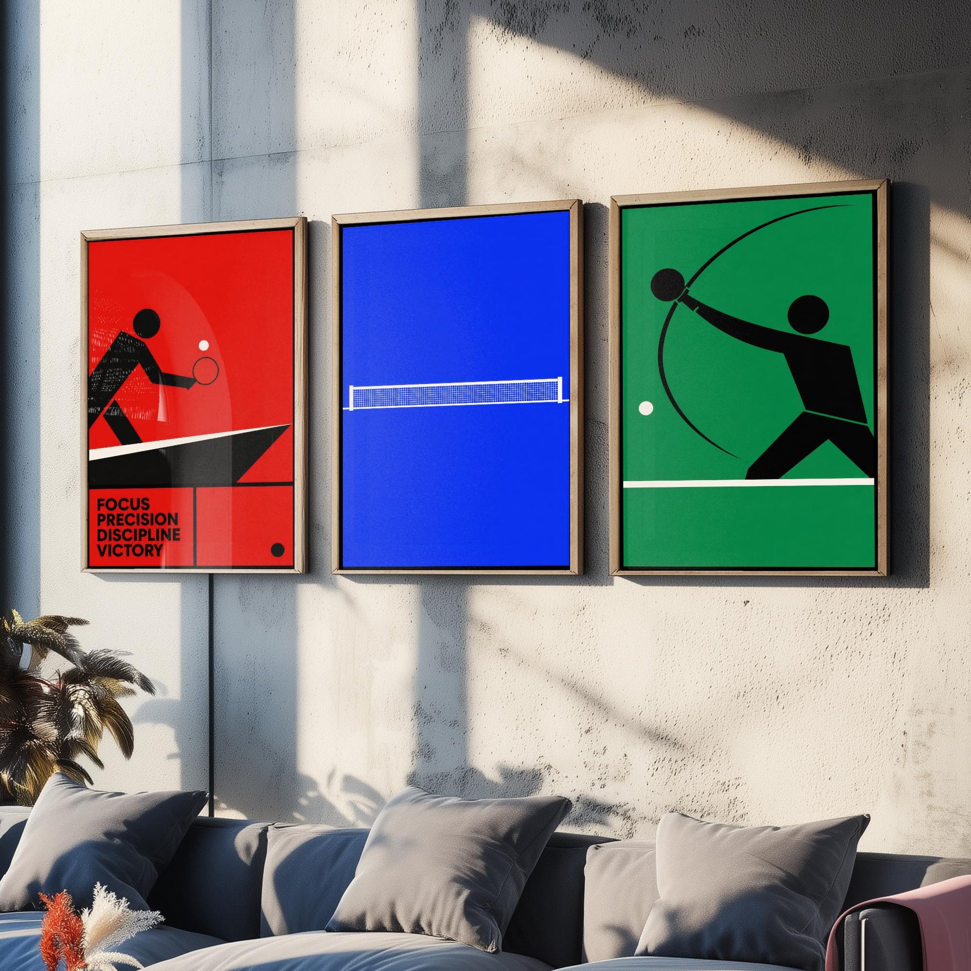 Table Tennis Set of Three Art Prints - 3 Bauhaus Ping Pong Posters - Minimalist Sport Wall Art Illustration Gift V1