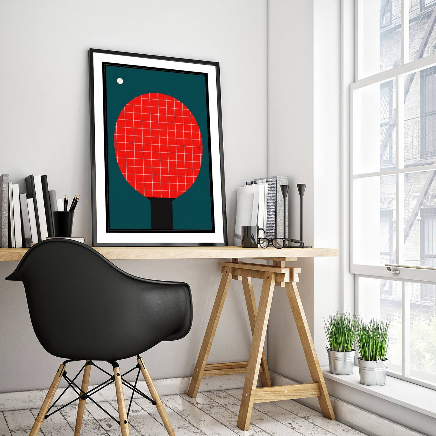 Table Tennis Bat Art Print - Bauhaus Red Paddle Poster - Minimalist Sport Illustration V2 2/3