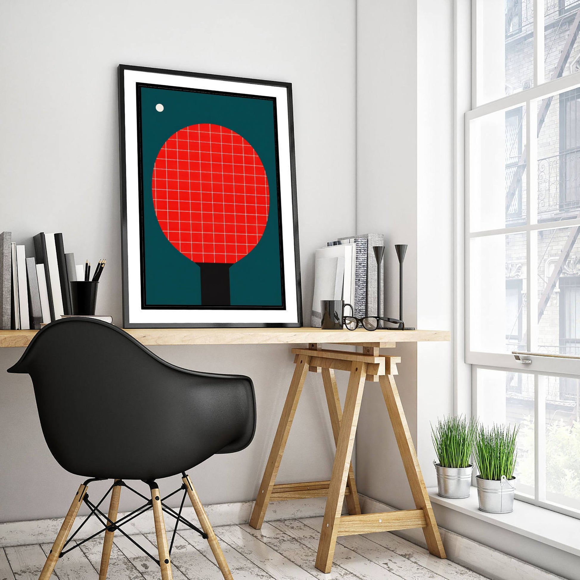 Table Tennis Bat Art Print - Bauhaus Red Paddle Poster - Minimalist Sport Illustration V2 2/3