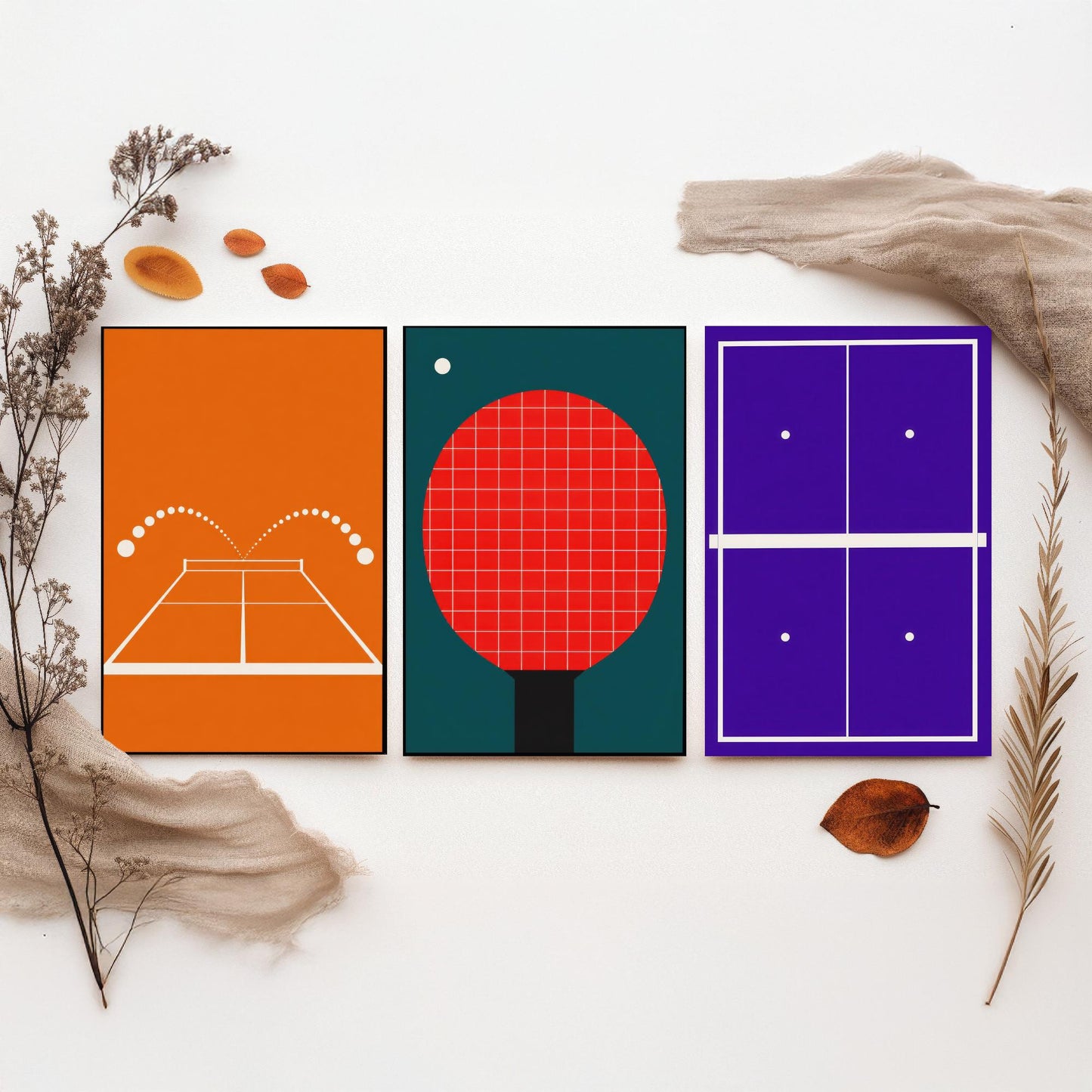 Table Tennis Set of Three Art Prints - 3 Retro Bauhaus Ping Pong Posters - Minimalist Sport Wall Art Illustration V2