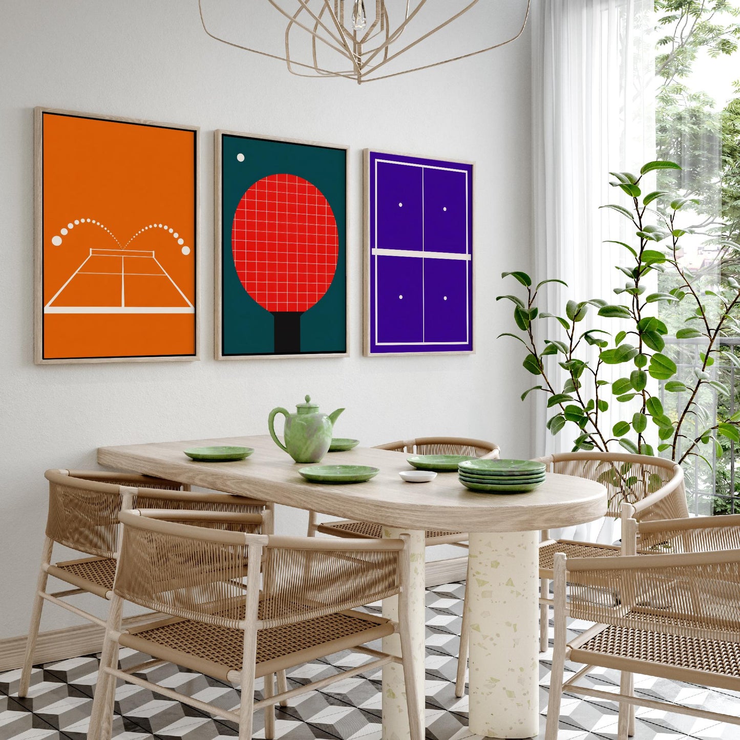Table Tennis Set of Three Art Prints - 3 Retro Bauhaus Ping Pong Posters - Minimalist Sport Wall Art Illustration V2