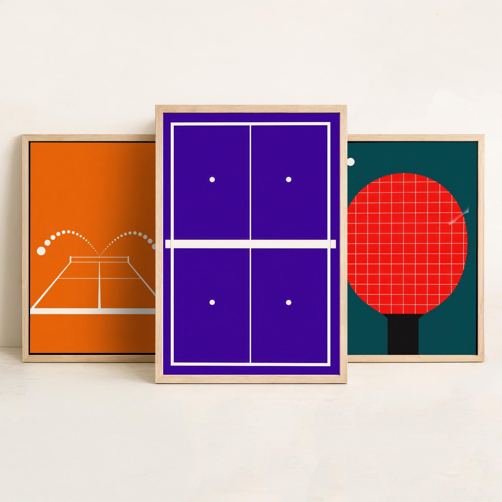 Table Tennis Set of Three Art Prints - 3 Retro Bauhaus Ping Pong Posters - Minimalist Sport Wall Art Illustration V2