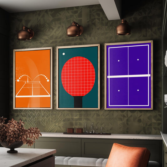 Table Tennis Set of Three Art Prints - 3 Retro Bauhaus Ping Pong Posters - Minimalist Sport Wall Art Illustration V2