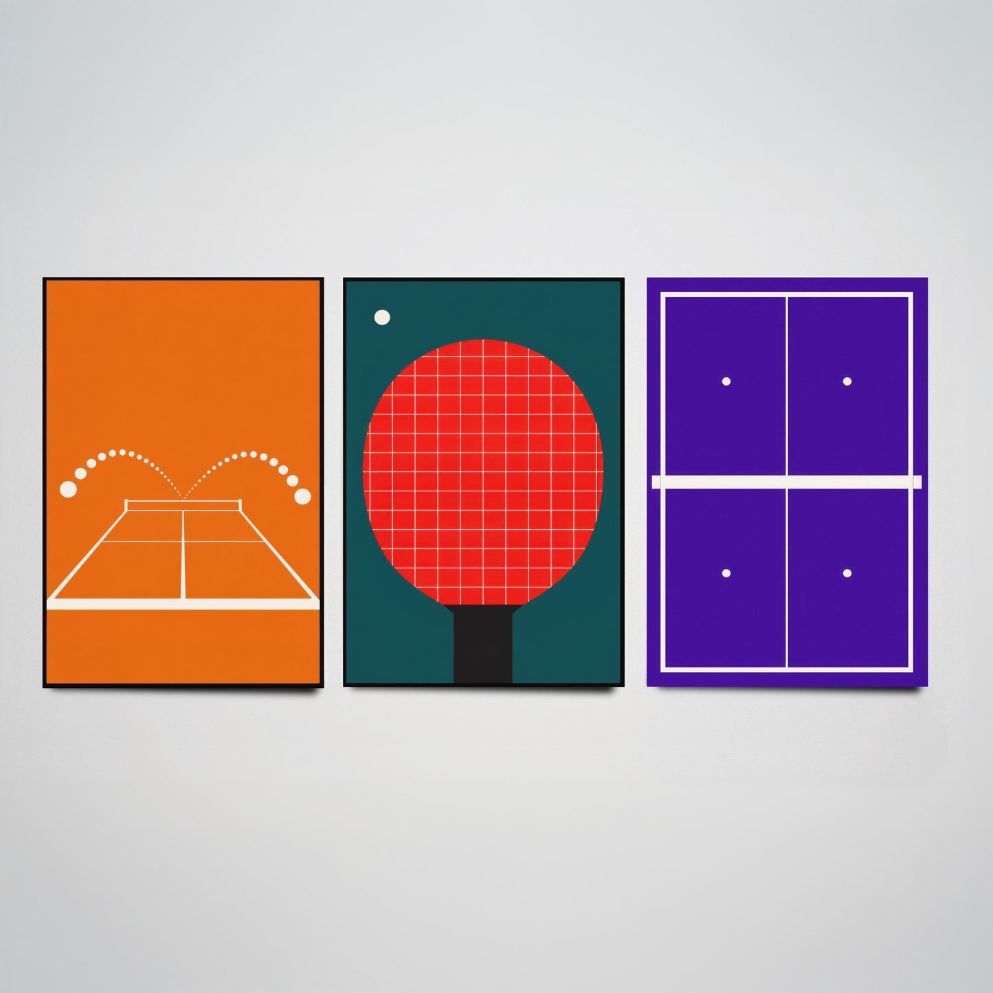 Table Tennis Set of Three Art Prints - 3 Retro Bauhaus Ping Pong Posters - Minimalist Sport Wall Art Illustration V2