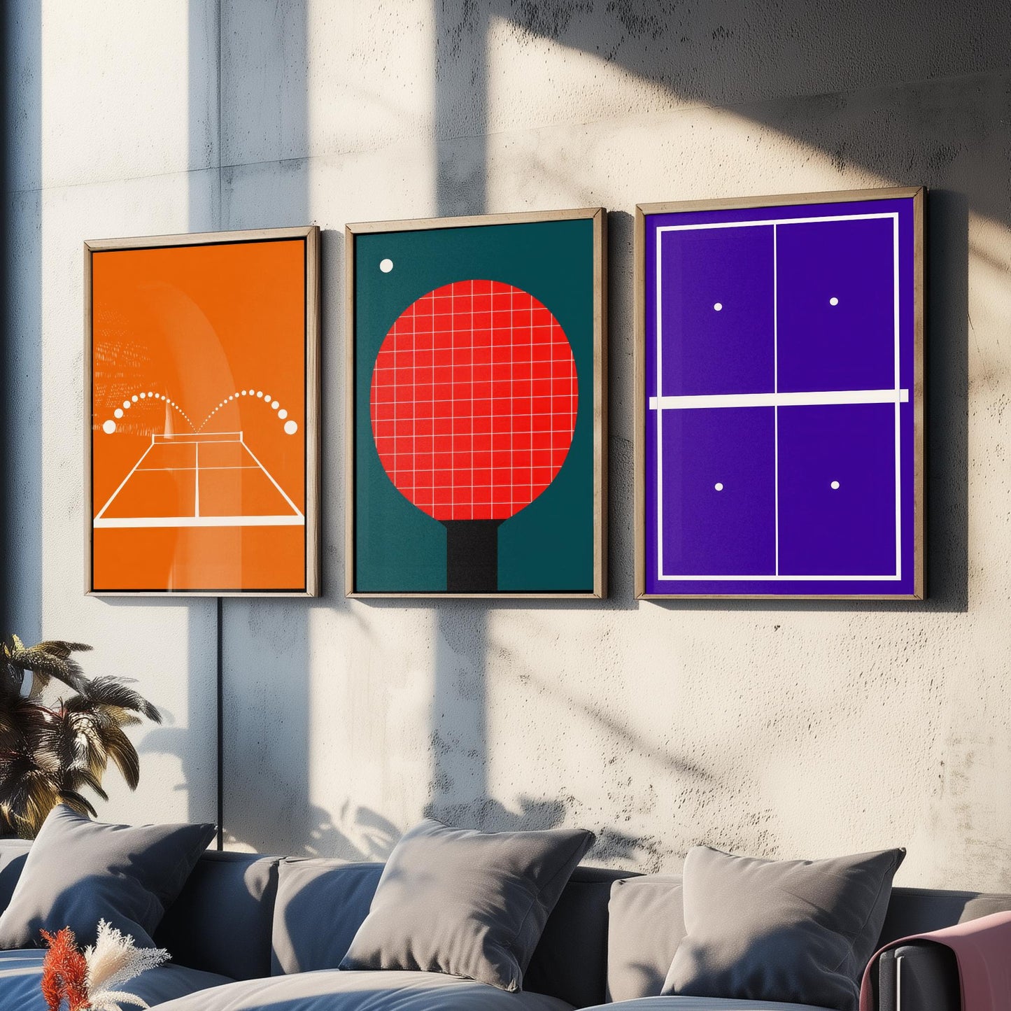 Table Tennis Set of Three Art Prints - 3 Retro Bauhaus Ping Pong Posters - Minimalist Sport Wall Art Illustration V2