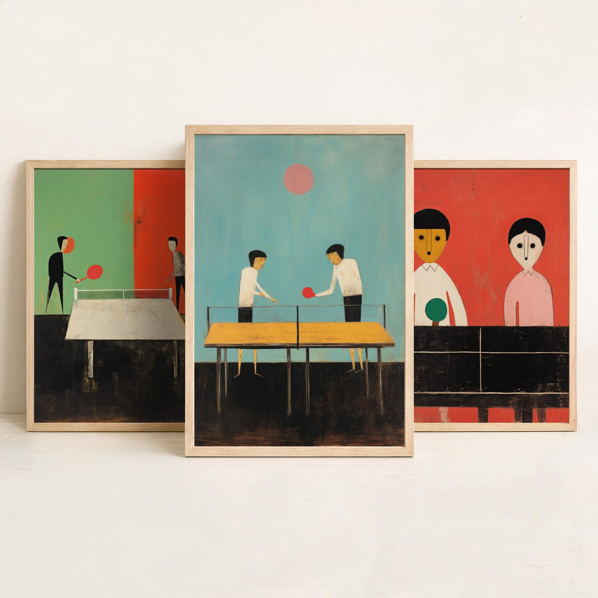 Table Tennis Players Set of Three Art Prints - Minimalist Ping Pong Paintings - Mid Century Poster Illustration