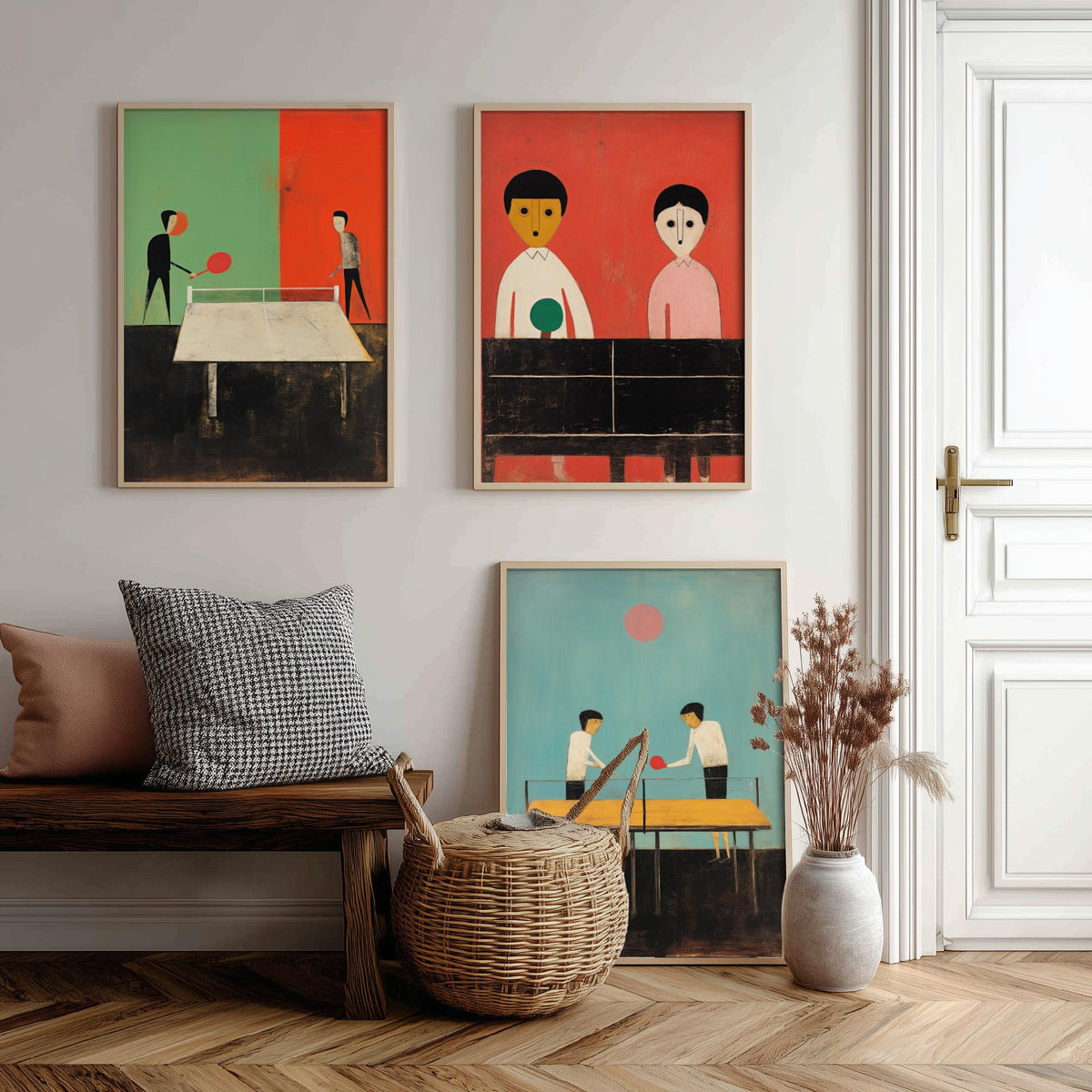 Table Tennis Players Set of Three Art Prints - Minimalist Ping Pong Paintings - Mid Century Poster Illustration