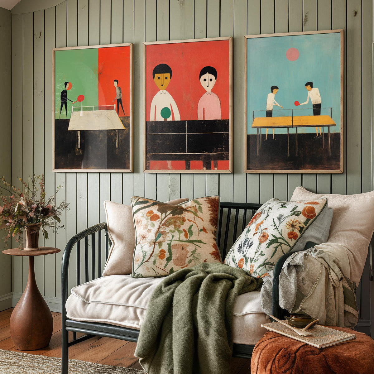 Table Tennis Players Set of Three Art Prints - Minimalist Ping Pong Paintings - Mid Century Poster Illustration