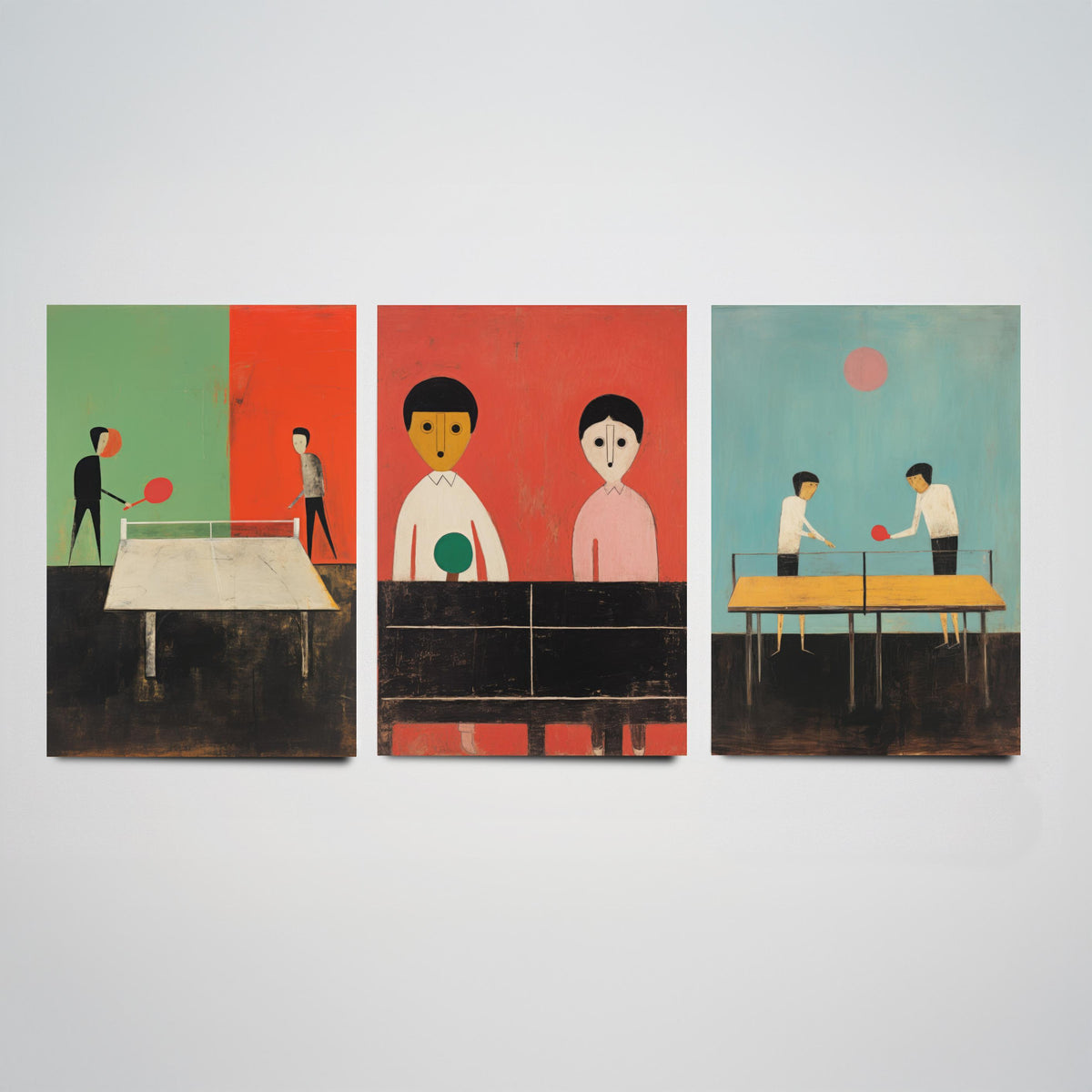 Table Tennis Players Set of Three Art Prints - Minimalist Ping Pong Paintings - Mid Century Poster Illustration