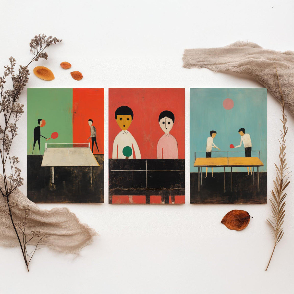 Table Tennis Players Set of Three Art Prints - Minimalist Ping Pong Paintings - Mid Century Poster Illustration