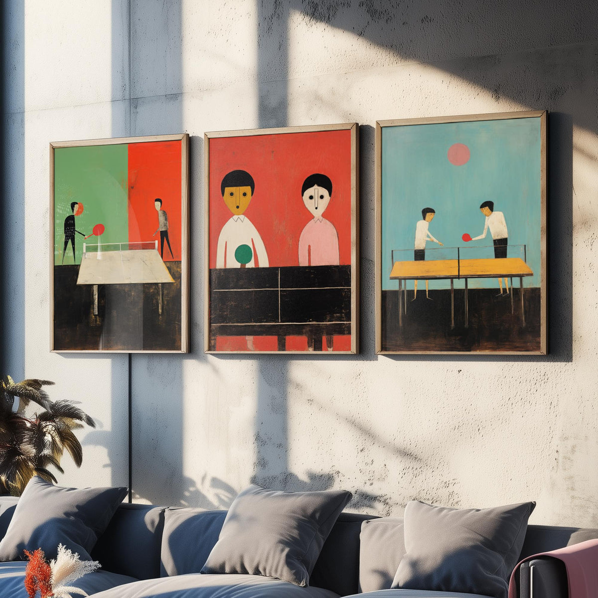 Table Tennis Players Set of Three Art Prints - Minimalist Ping Pong Paintings - Mid Century Poster Illustration