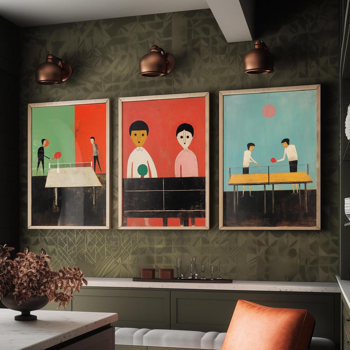 Table Tennis Players Set of Three Art Prints - Minimalist Ping Pong Paintings - Mid Century Poster Illustration