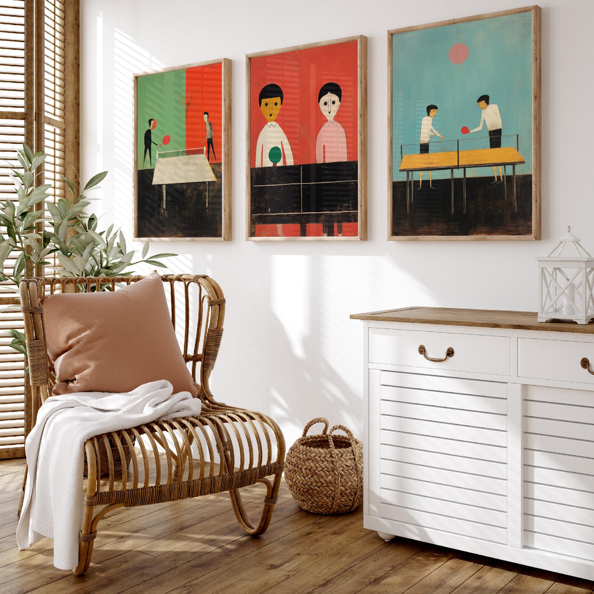 Table Tennis Players Set of Three Art Prints - Minimalist Ping Pong Paintings - Mid Century Poster Illustration