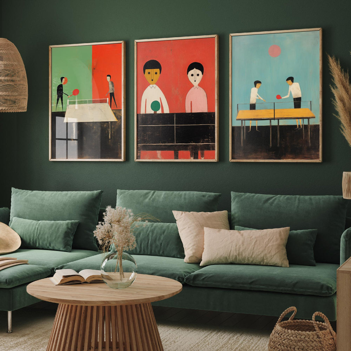 Table Tennis Players Set of Three Art Prints - Minimalist Ping Pong Paintings - Mid Century Poster Illustration